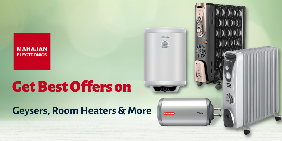 An AO Smith vertical geyser, a Racold CDR DLX horizontal geyser, a black wave fin oil-filled radiator and a silver oil-filled radiator beside the Mahajan Electronics logo, with the words Get Best Offers on Geysers, Room Heaters & More