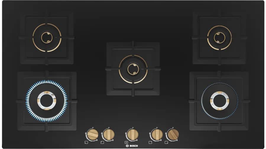 Bosch PNV9B6G20I Built in Gas Hob Black Tempered glass Glass 5 Burner Auto Ignition 90 cm Full Brass 3D Ring Burners with Matt Black Heat Shields & Cast Iron pan supports - Mahajan Electronics Online