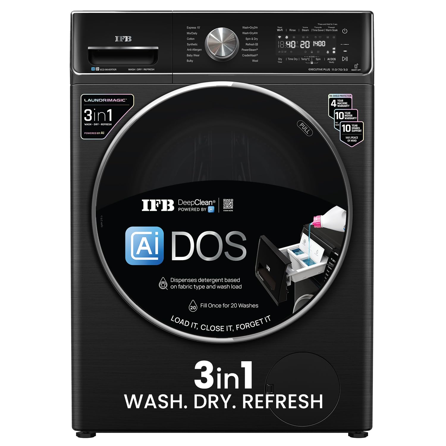 IFB WDR Executive Plus ZBG 11/7/3 kg Fully Automatic Washer Dryer Refresher with Steam Refresh, AI DOS, 100% Dry Clothes, 9 Swirl Wash Mimic Handwashing, WiFi & Eco Inverter Motor ( Black) Mahajan Electronics Online