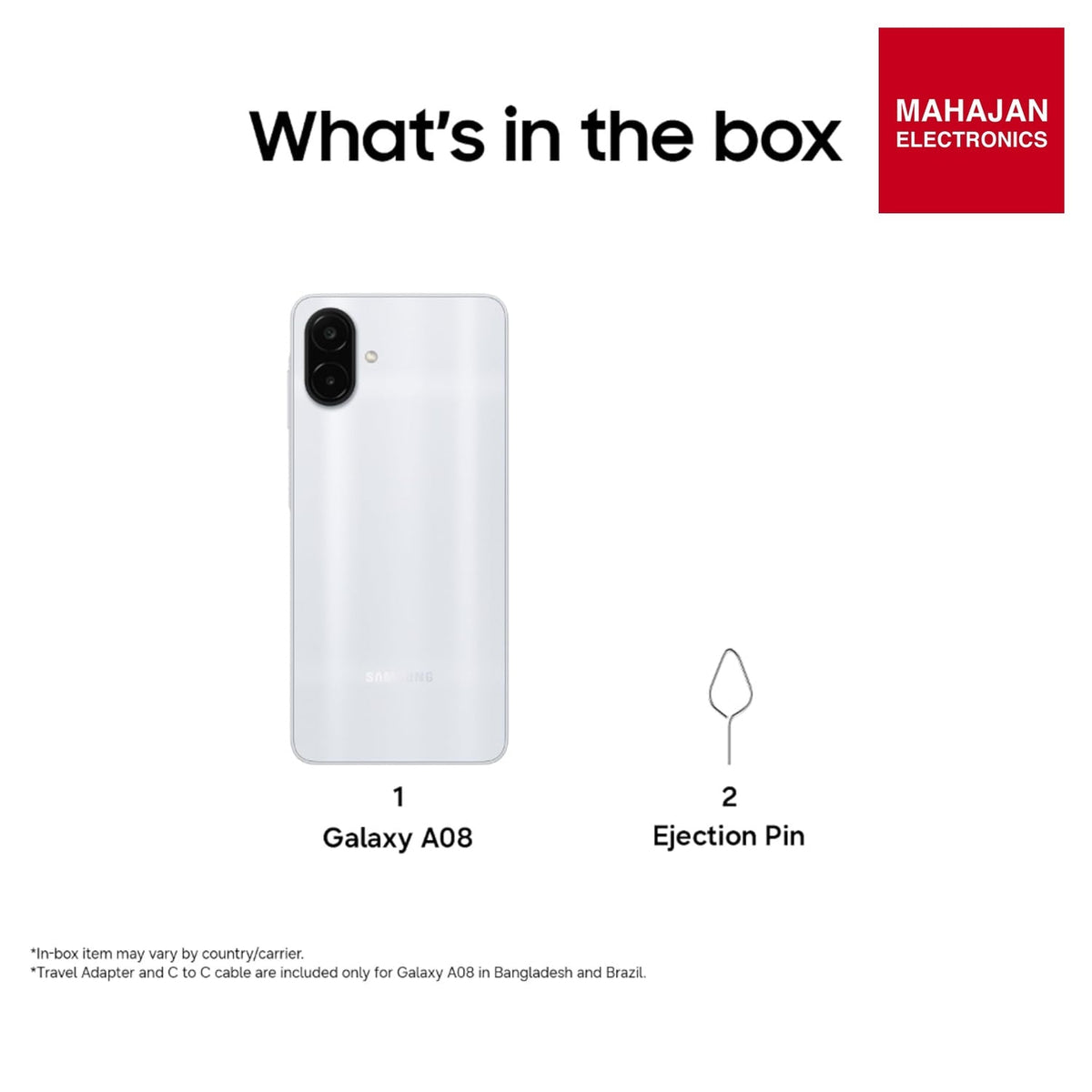 Samsung Galaxy A08 LTE (Silver, 4GB RAM, 64GB Storage), MediaTek Helio G99+ (6nm), 50MP Dual Camera, 6000mAh Battery, IP64 Rating, 6 Gen OS Upgrades – Mahajan Electronics Online.