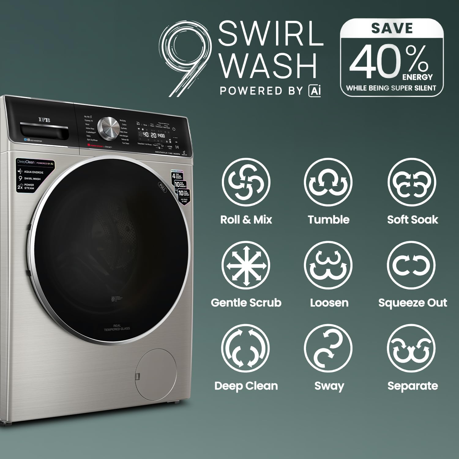 IFB EXECUTIVE PLUS VSG 1114 11 Kg 5 Star, DeepClean®, AI DOS, WiFi, Fully Automatic Front Load Washing Machine ( PowerSteam®, Oxyjet, 9 Swirl, Steam Refresh, Inbuilt Heater, Eco Inverter, SUS VCM) Mahajan Electronics Online