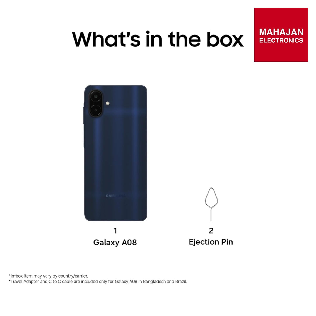 Samsung Galaxy A08 LTE (Dark Blue, 4GB RAM, 64GB Storage), MediaTek Helio G99+ (6nm), 50MP Dual Camera, 6000mAh Battery, IP64 Rating, 6 Gen OS Upgrades – Mahajan Electronics Online.