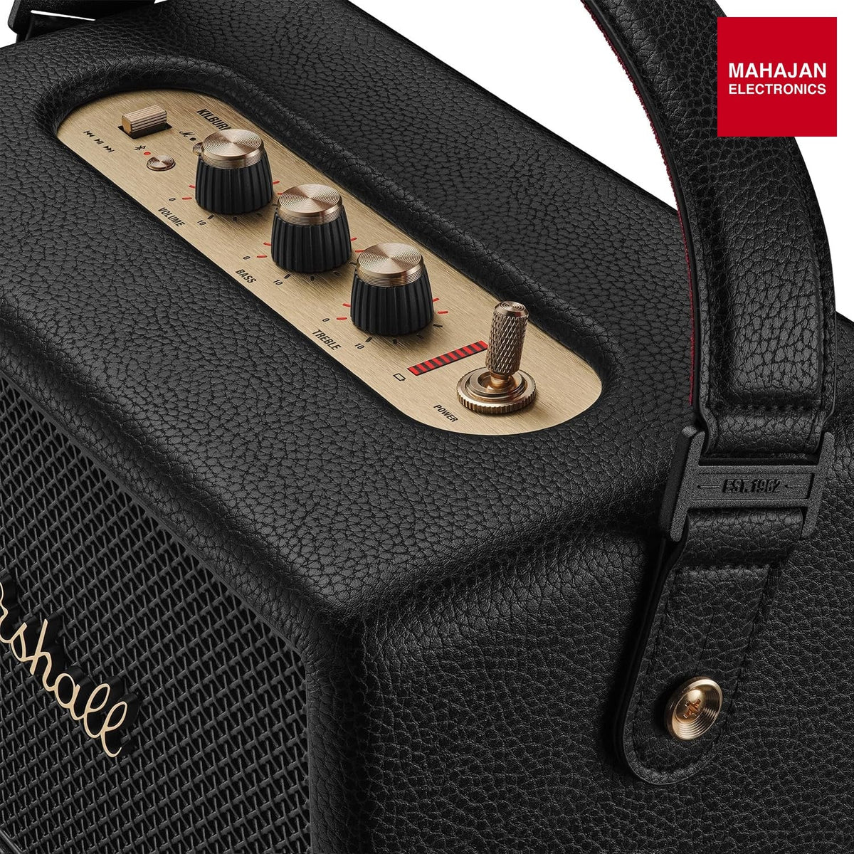 Marshall Kilburn III Portable Bluetooth Speaker with 50+ Hours of Portable Playtime, (360° Sound), Dust & Water-Resistant (IP54) – Black & Brass – Mahajan Electronics Online.