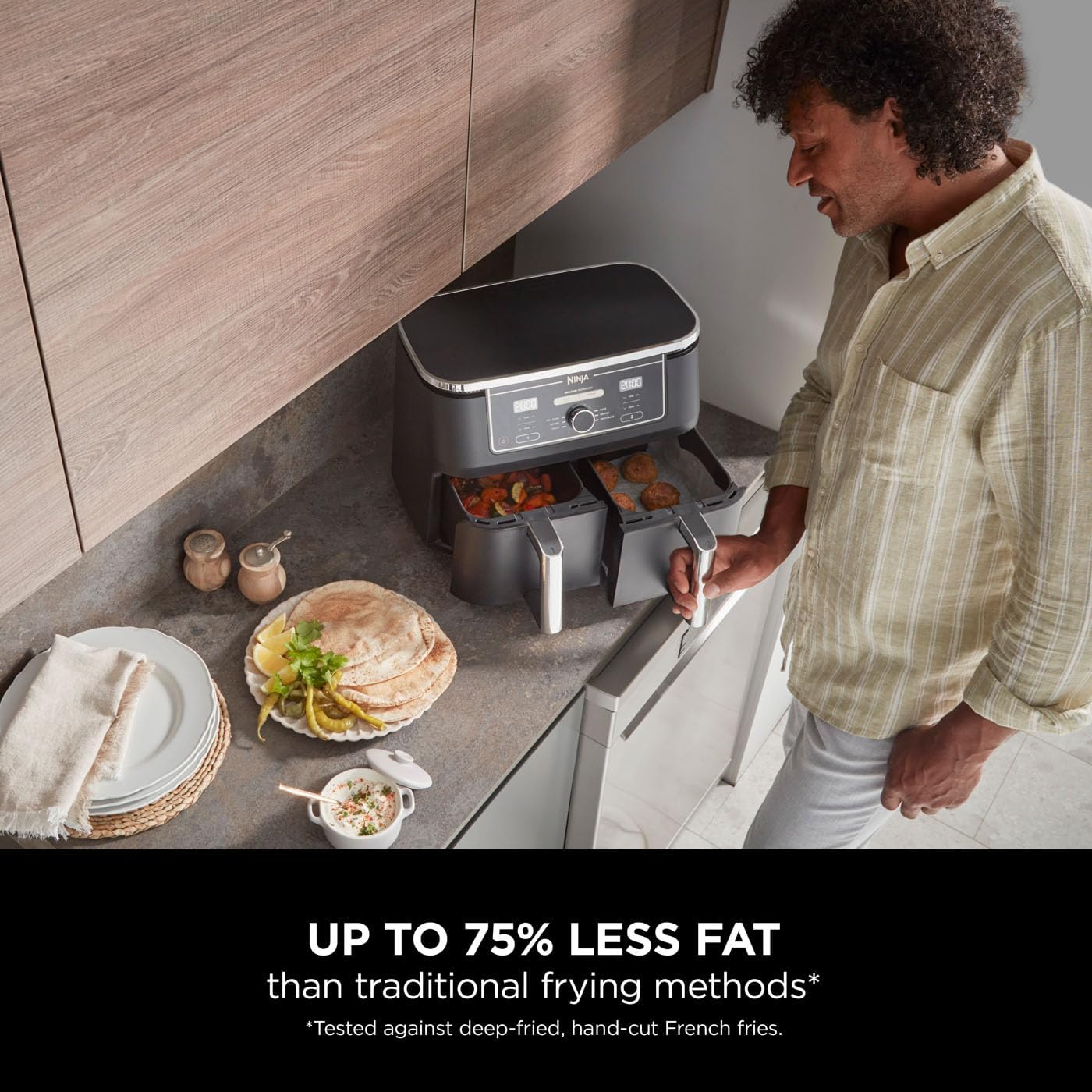 Ninja AF400 Foodi MAX Dual Zone Digital AirFryer, 2 Drawers, 9.5L, 6-in-1, Uses No Oil, Air Fry, Max Crisp, Roast, Bake, Reheat, Dehydrate, Cook 8 Portions, Non-Stick Dishwasher Safe Baskets, Black Mahajan Electronics Online