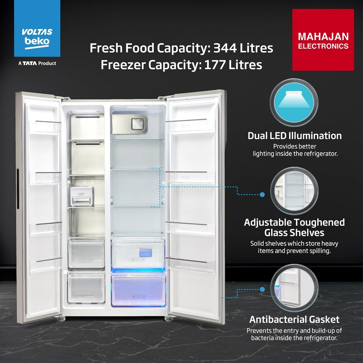 Voltas Beko RSB585/FPV300RXID 563 L Side by Side Frost Free Refrigerator with ProSmart Inverter Compressor – Mahajan Electronics Online.