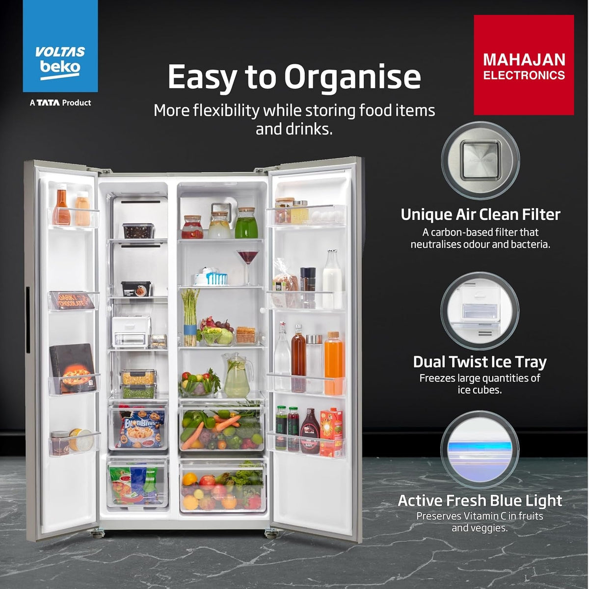 Voltas Beko RSB585/FPV300RXID 563 L Side by Side Frost Free Refrigerator with ProSmart Inverter Compressor – Mahajan Electronics Online.