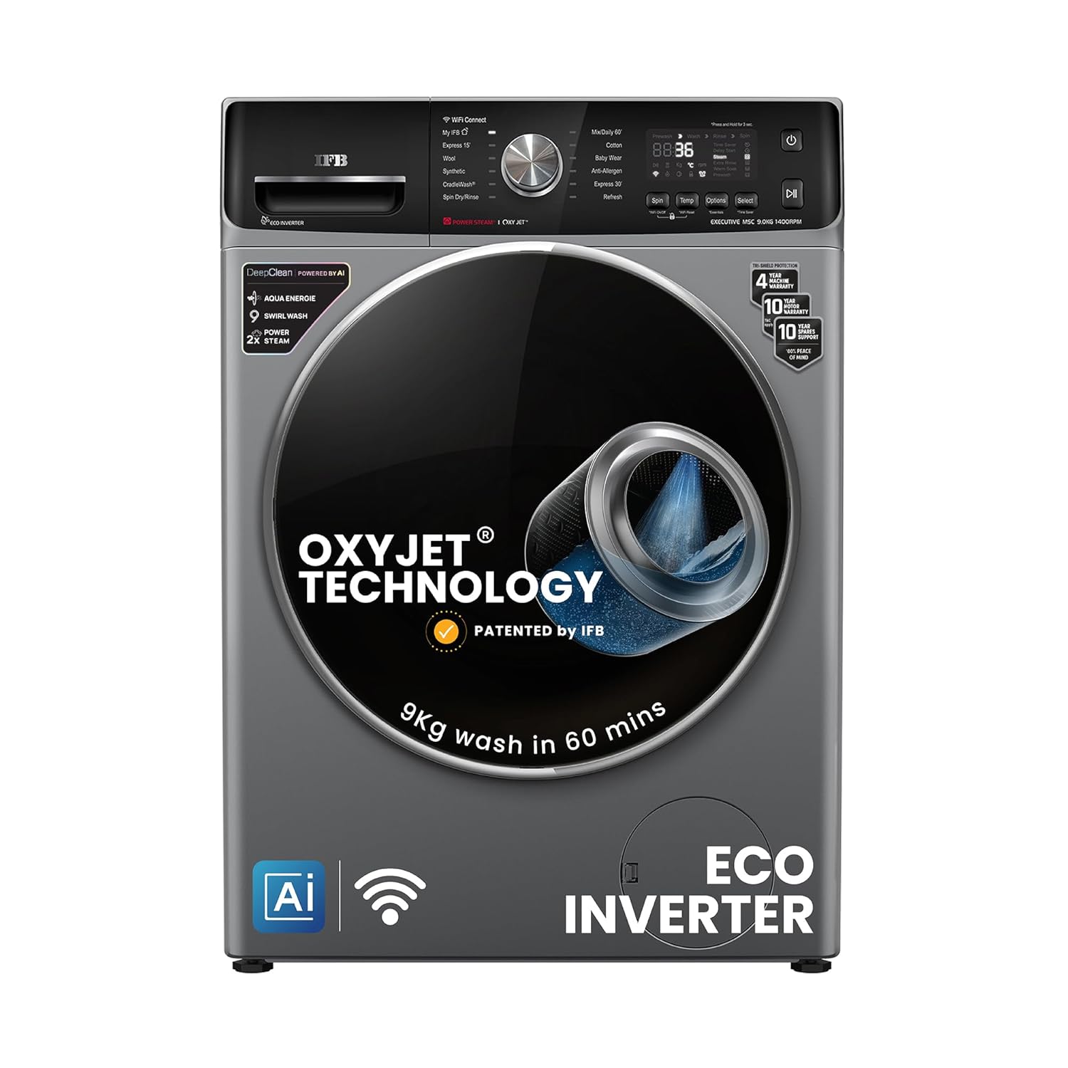 IFB EXECUTIVE MSC 9014 SSLC 9Kg 5 Star with Deep Clean Oxyjet Technology, AI Powered, Wi-Fi, Fully Automatic Front Load Washing Machine ( Steam Refresh Program with Eco Inverter, Metallic Silver) Mahajan Electronics Online