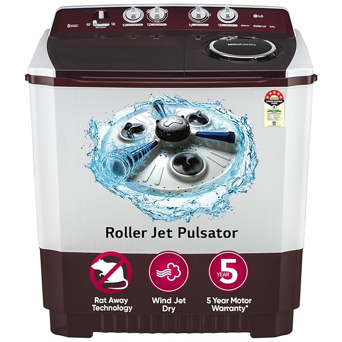 LG 10.5 kg 5 Star Wind jet dry Semi-Automatic Top Load Washing Machine (P105ASRAZ, Burgundy, Roller Jet Pulsator) Mahajan Electronics Online