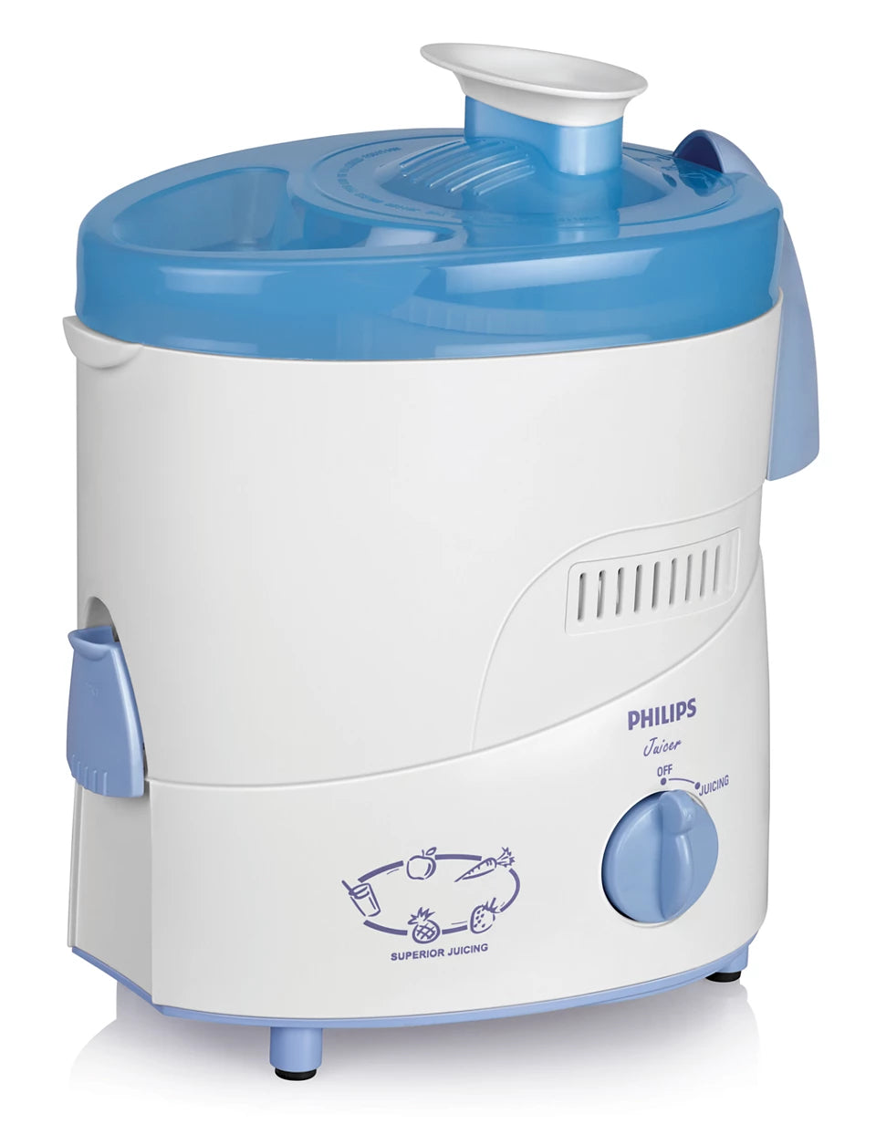 Philips HL1631/J 500W Juicer with Reverse Spiral Sieve for Maximum Juice Extraction – White & Blue
