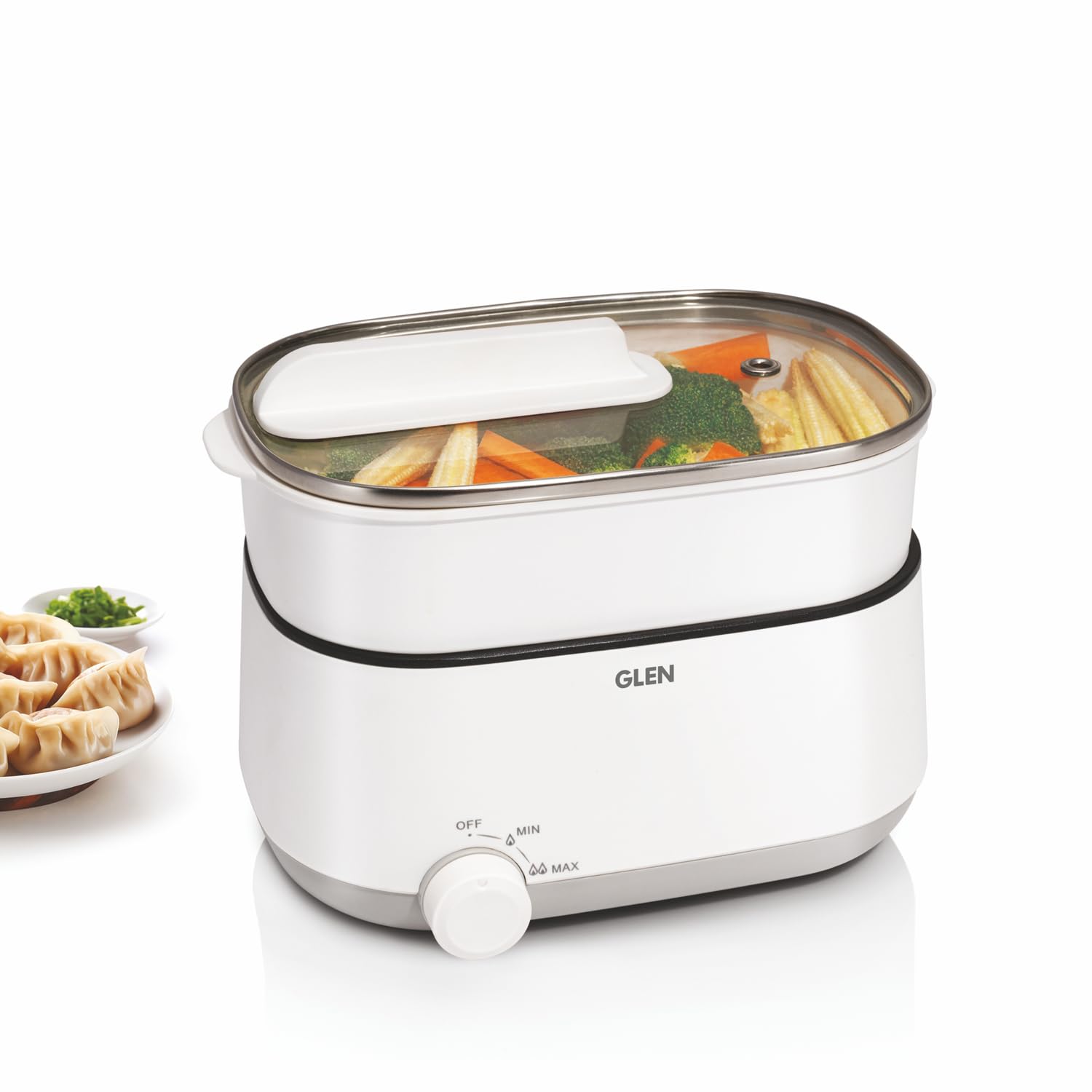 Glen SA-3051MFS 3 In 1 Multi Cooker & Food Steamer, 600W, With Nonstick Pot, 2 Power Settings, Vegetable Steaming Tray, Cook Steam & Boil, Multicooker Egg Boiler Machine , 1.2 Liters Mahajan Electronics Online