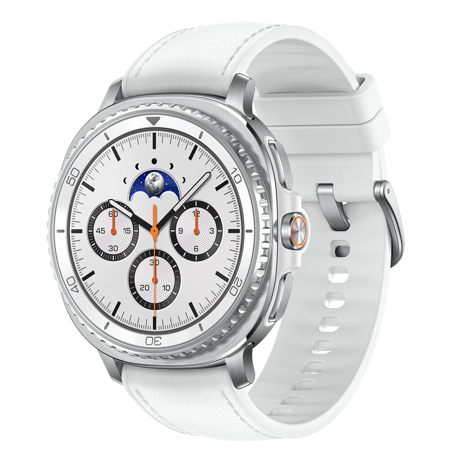Samsung Galaxy Watch8 Classic (46mm Bluetooth, White) with 3nm Processor | Dual GPS | Sapphire Glass & Stainless Steel | 5ATM & IP68 | BP, ECG, IHRN & Vascular Load Monitoring | Anti-oxidant Index Mahajan Electronics Online