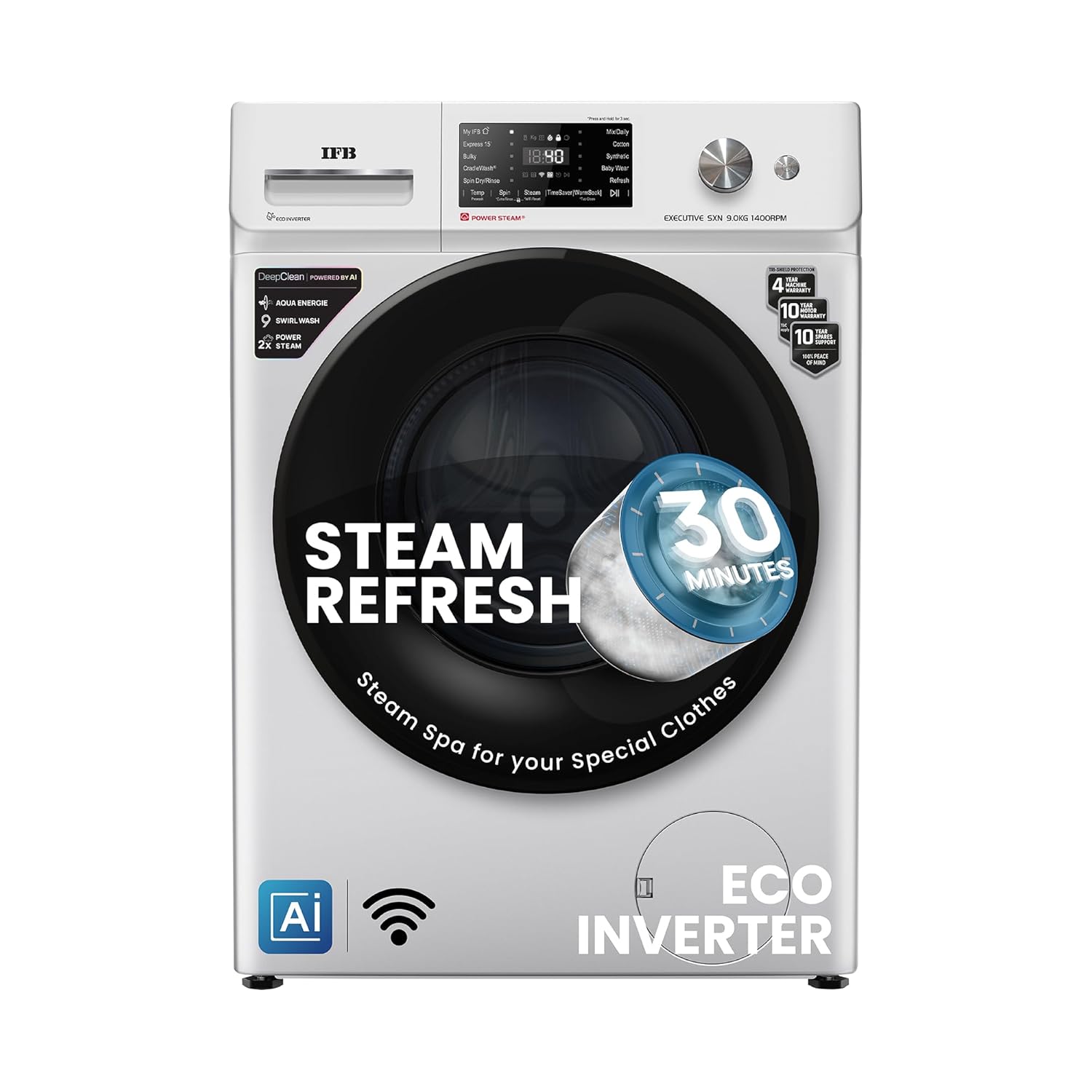 IFB EXECUTIVE SXN 9014K CMS 9 Kg 5 Star, DeepClean® Tech, AI Powered, WiFi, Fully Automatic Front Load Washing Machine ( PowerSteam®, 9 Swirl, Steam Refresh, Inbuilt Heater, Eco Inverter, Rich Silver) Mahajan Electronics Online