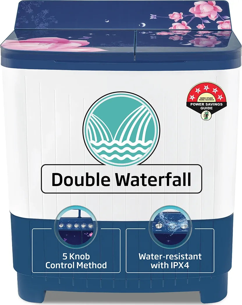 Voltas Beko WTT85DBLG/FLRB5 8.5 Kg Semi-Automatic Top Load Washing Machine – 5 Star, 1350 RPM, Double Waterfall, Magic Filter, Shock Proof