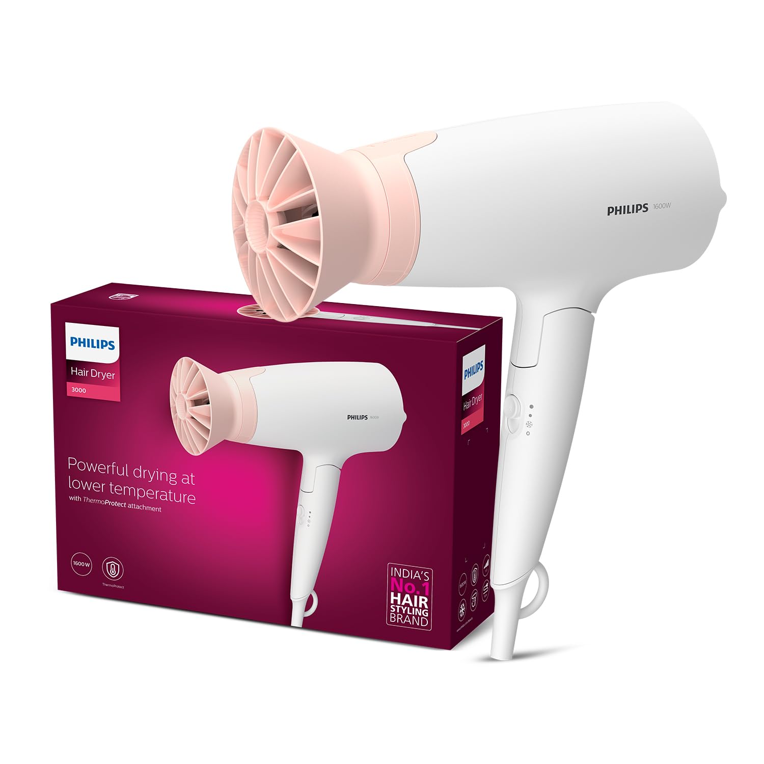Philips BHD308/30 Foldable Hair Dryer 1600 Watts| Heat Settings with Cool Shot (Hot/Cool/Warm) | ThermoProtect Airflower Attachment- Pink | White | Perfect Blow Dry & Style for Men and Women | 2 years Warranty Philips