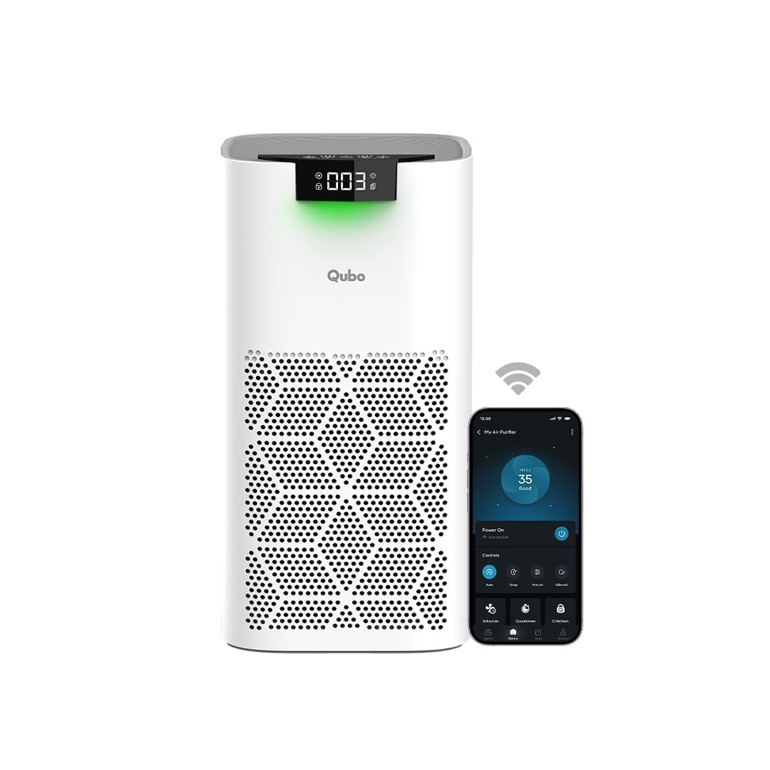 Qubo Smart Air Purifier Q500 for Home by Hero Group | 500 Sqft | 99.99% Allergen Removal | HEPA H13 | 9000 Hrs Filter Life | App & Voice Control | Energy Saving | Ultra-Quiet BLDC Motor (White) Mahajan Electronics Online