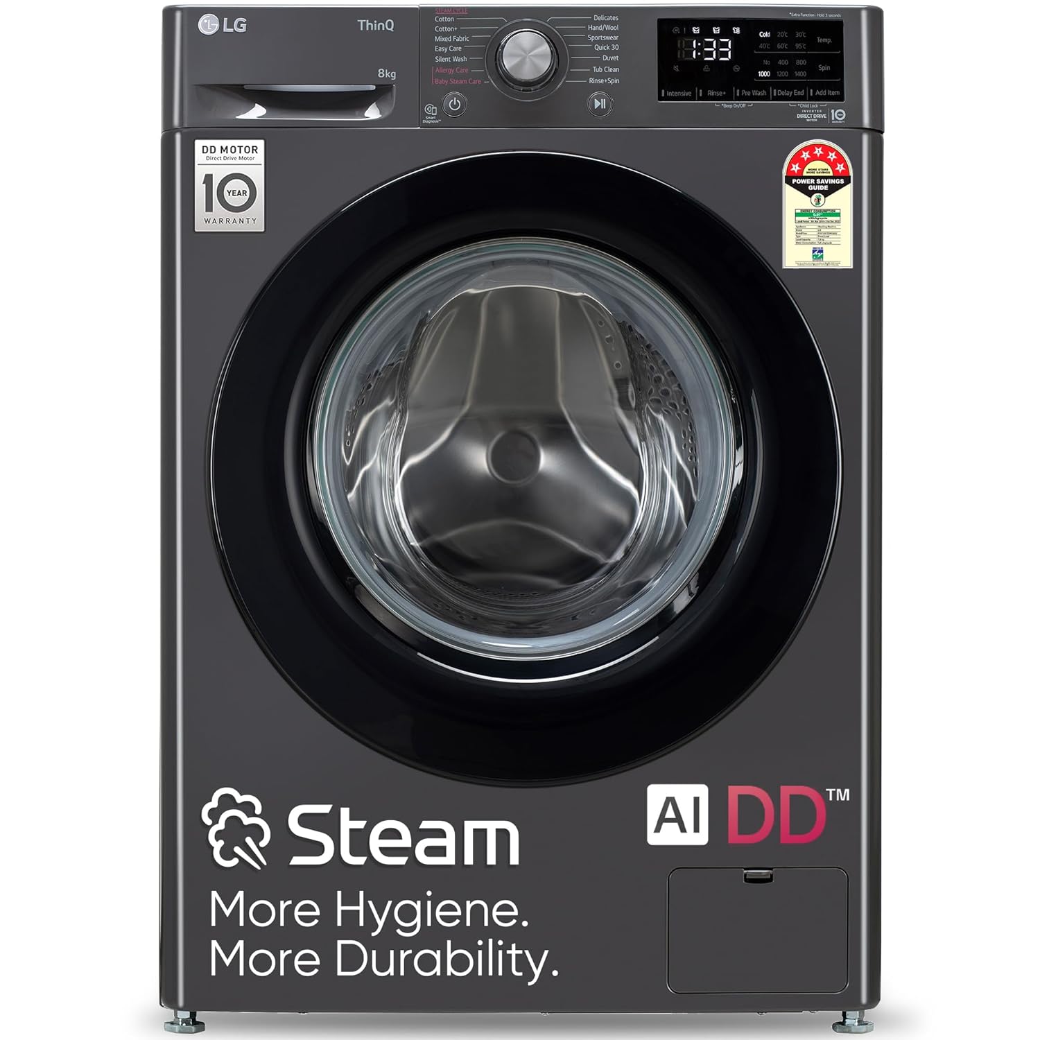 LG FHP1208Z3M 8 Kg, 5 Star, AI Direct Drive Technology, Steam & 6 Motion DD Fully-Automatic Front Load Washing Machine ( Intelligent & Convenient Fabric Care, Allergy Care, Middle Black) Mahajan Electronics Online