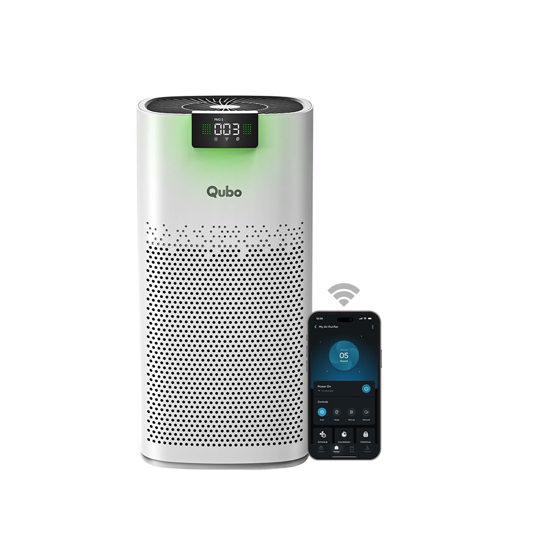 Qubo Smart Air Purifier Q600 for Home by Hero Group | 600 Sqft | 99.99% Allergen Removal | HEPA H13 | 15000 Hrs Filter Life | App & Voice Control | Energy Saving | Ultra-Quiet BLDC Motor (White) Mahajan Electronics Online