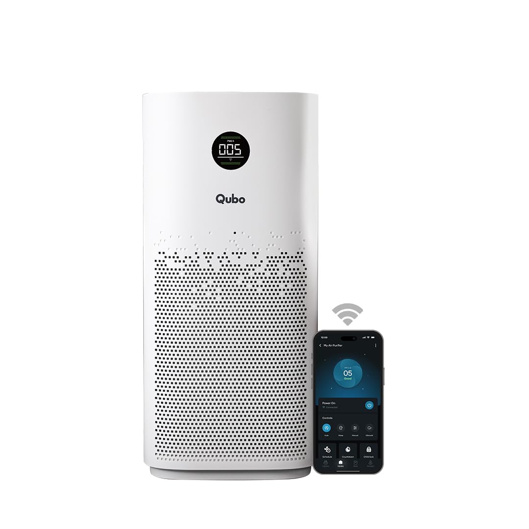 Qubo Smart Air Purifier Q1000 for Home by Hero Group | 1000 Sqft | 99.99% Allergen Removal | HEPA H13 | 15000 Hrs Filter Life | App & Voice Control | Energy Saving | Ultra-Quiet BLDC Motor (White) Mahajan Electronics Online