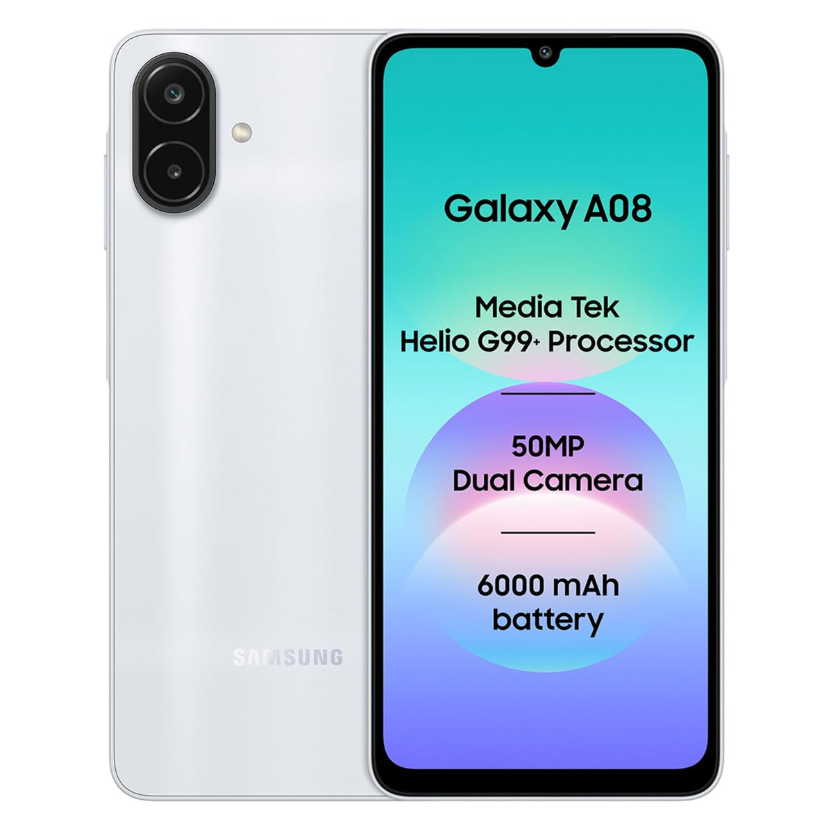 Samsung Galaxy A08 LTE (Silver, 4GB RAM, 64GB Storage), MediaTek Helio G99+ (6nm), 50MP Dual Camera, 6000mAh Battery, IP64 Rating, 6 Gen OS Upgrades Samsung