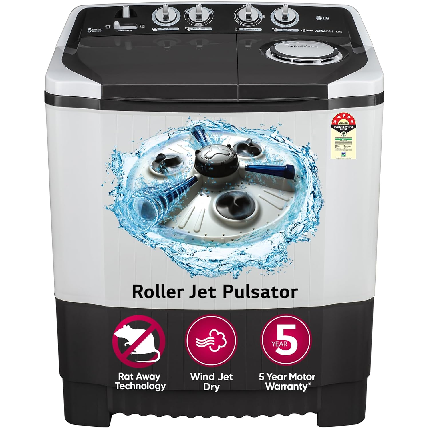 LG P7510RGAZ 7.5 kg 5 Star Wind jet dry Semi-Automatic Top Load Washing Machine ( Dark Gray, Roller Jet Pulsator) Mahajan Electronics Online