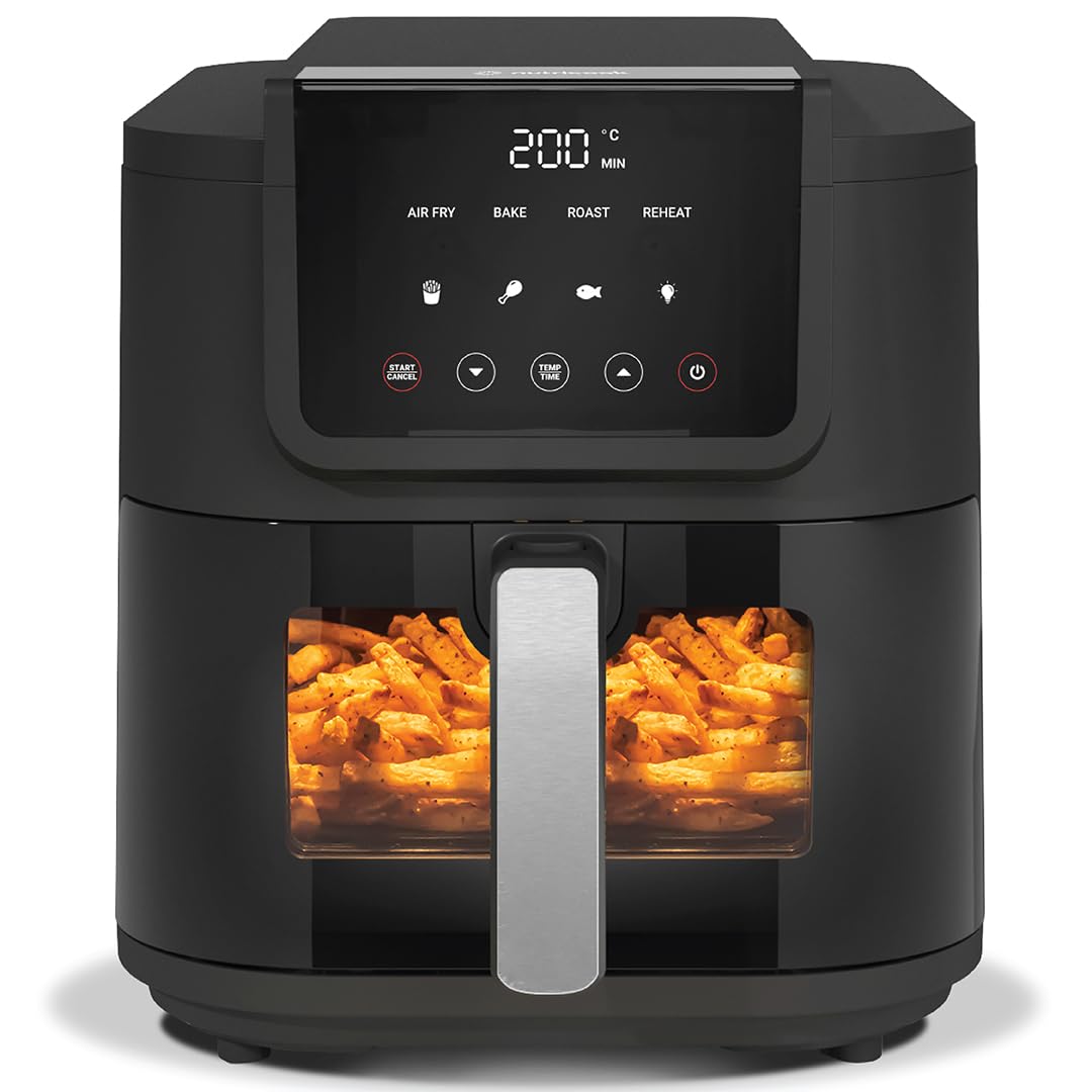 Nutricook Slim XL 7.6L Air Fryer with 100% Toxin-Free Ceramic Coating—No PTFE, PFAS, PFOA or Microplastics, Clear Window, Light ; Extra-Large Basket | 1700W, 5 Presets-Black-Mahajan Electronics Online
