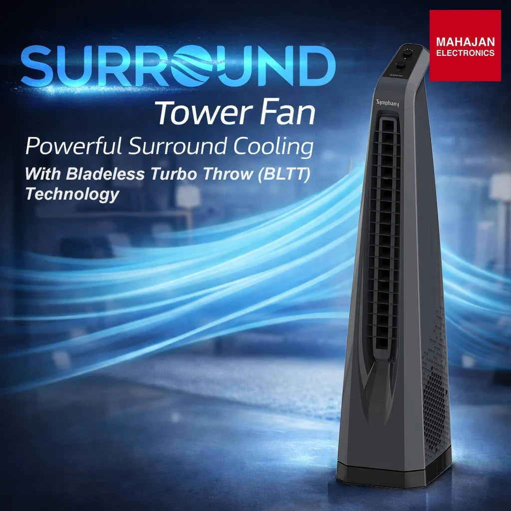 Symphony Surround Sr AFNTF023 Bladeless Tower Fan with 90 Degree Swivel, Knob Control & Removable Dust Filter (Grey) โ Mahajan Electronics Online.