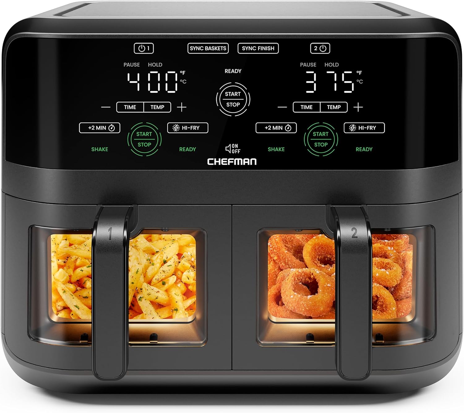 Chefman RJ38-SQPF-3TDB-2W-IN TurboFry Touch Dual Air Fryer, Maximize The Healthiest Meals With Double Basket Capacity, One-Touch Digital Controls And Shake Reminder For The Perfect Crispy And Low-Calorie Finish Mahajan Electronics Online