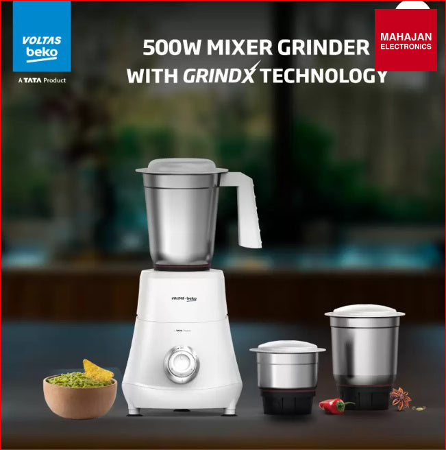 Voltas Beko 500W Mixer Grinder (G5003HP-WH, White) | 3 Jars | 20,000 RPM | Stainless Steel Blades | Compact Design – Mahajan Electronics Online.
