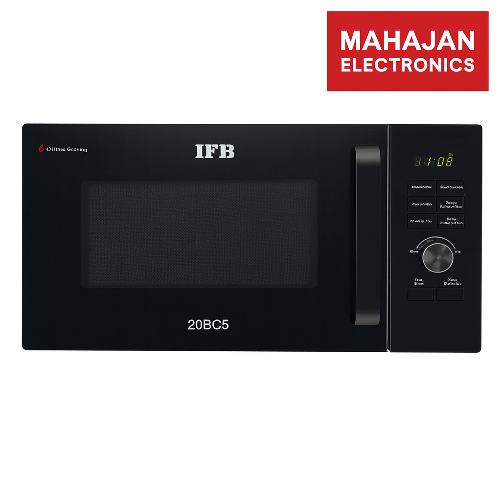 Black microwave oven with IFB branding on a white background, featuring Mahajan Electronics logo.