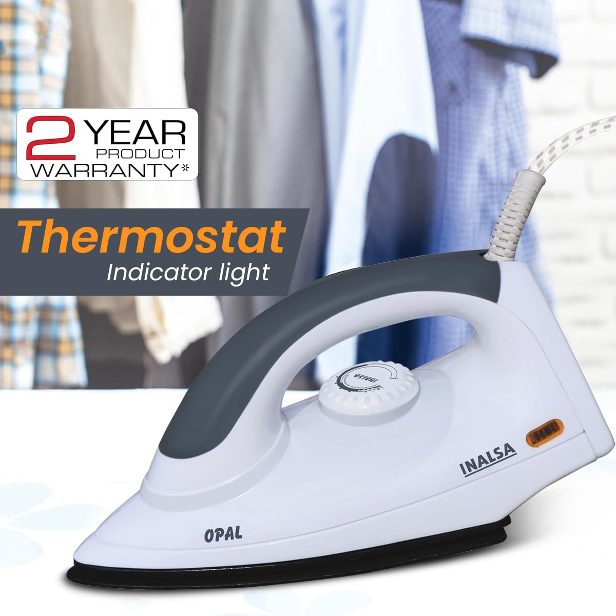 INALSA Electric Opal 1000 Watt Dry Iron For Clothes With Non-Stick Soleplate Coating|Variable Temperature Control|360° Swivel Control|ON/OFF Thermostat Indicator|2 Yr Warranty INALSA