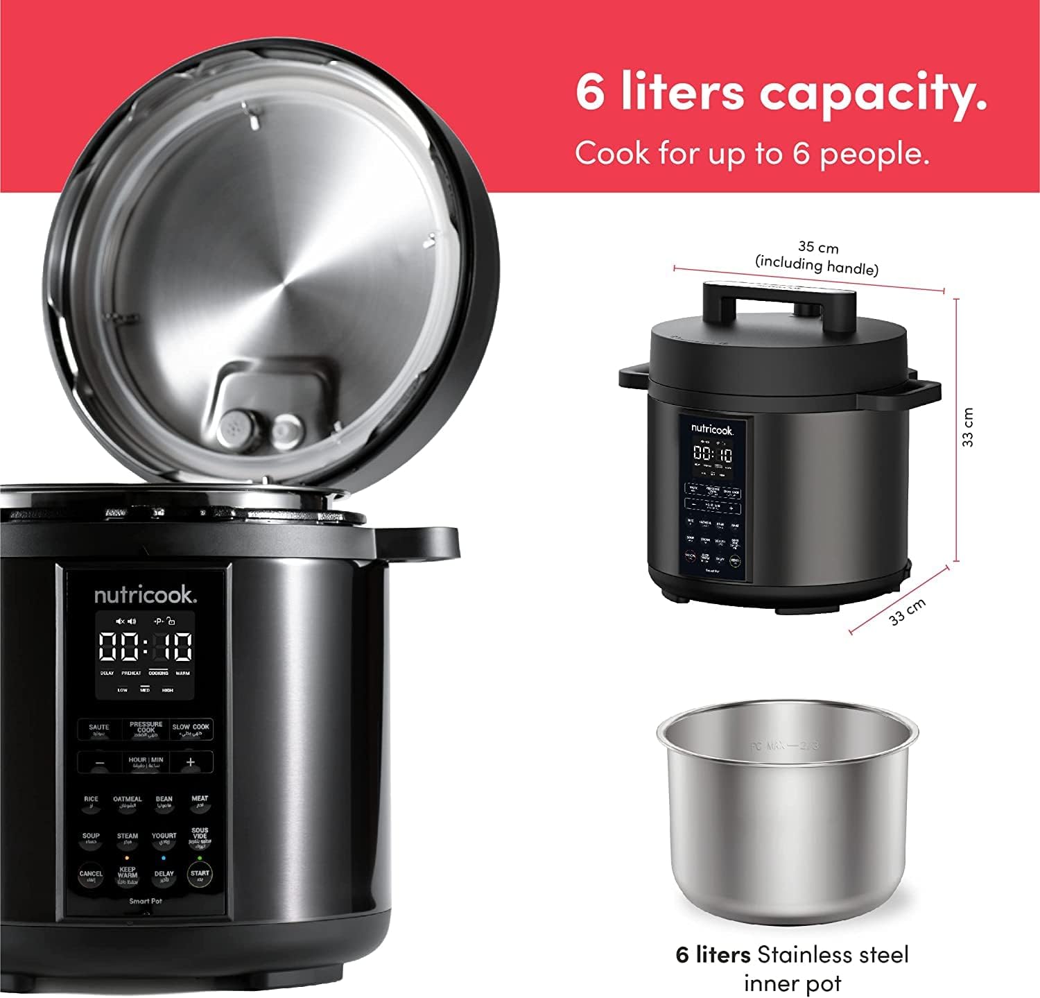 Nutricook SP204K Stainless Steel Smart Pot 2 (6 QT | 6 Litre), 1000W, 9 In 1 Instant Programmable Electric Pressure Cooker, Slow Cooker, Rice Cooker, Steamer, Saute Pot, Warm Food, Smart Lid Nutricook