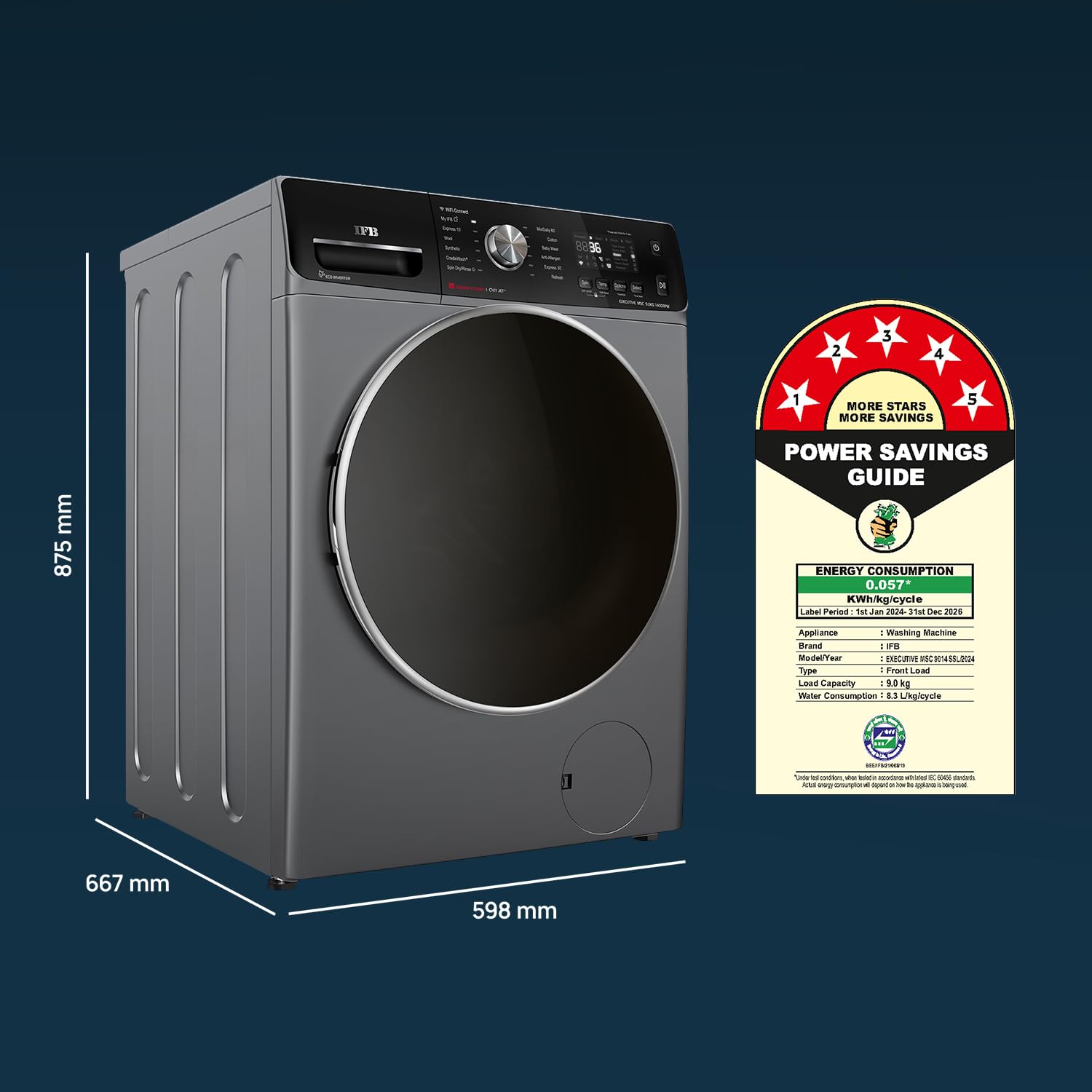 IFB EXECUTIVE MSC 9014 SSLC 9Kg 5 Star with Deep Clean Oxyjet Technology, AI Powered, Wi-Fi, Fully Automatic Front Load Washing Machine ( Steam Refresh Program with Eco Inverter, Metallic Silver) Mahajan Electronics Online