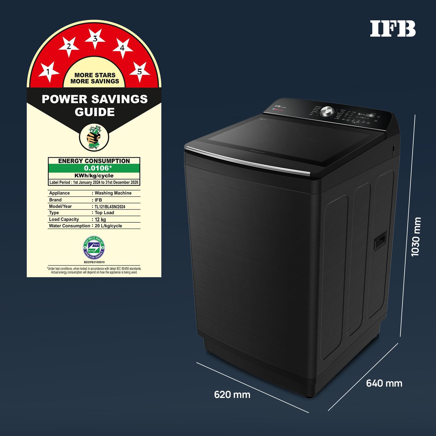 IFB TL121BL4SN 12 Kg 5 Star with DeepClean® Technology, AI Powered, Fully Automatic Top Load Washing Machine (2025 Model, PowerSteam®, Inbuilt Heater, 5D Wash, Aqua Energie, Black VCM) Mahajan Electronics Online