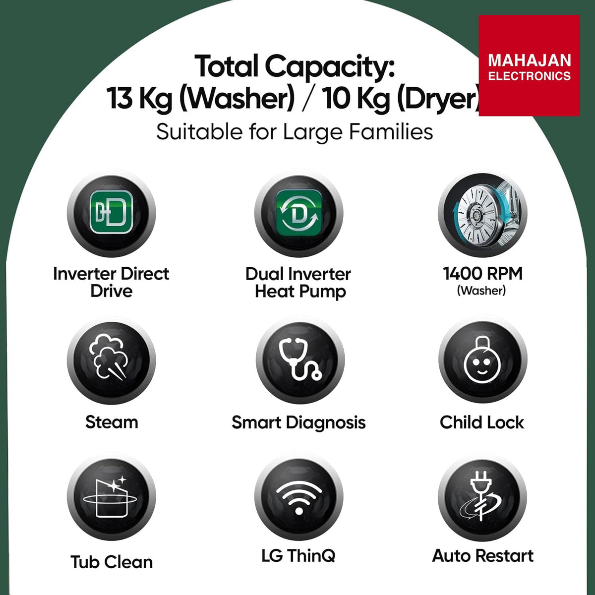 LG FWT1310BG WashTower 13 Kg /10 Kg with AI Direct Drive & DUAL Inverter Heat Pump, Fully Automatic Front Load Washing Machine and Dryer with Wi Fi & Central Control Panel – Mahajan Electronics Online.