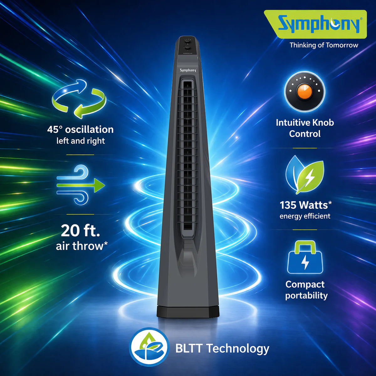 Symphony Surround Sr. Bladeless Tower Fan for Room | 90 Degree Swivel Action, Knob Control Panel | Low Power Consumption | Removable Dust Filter For Clean | 1 Year Warranty | Grey AFNTf03 Symphony