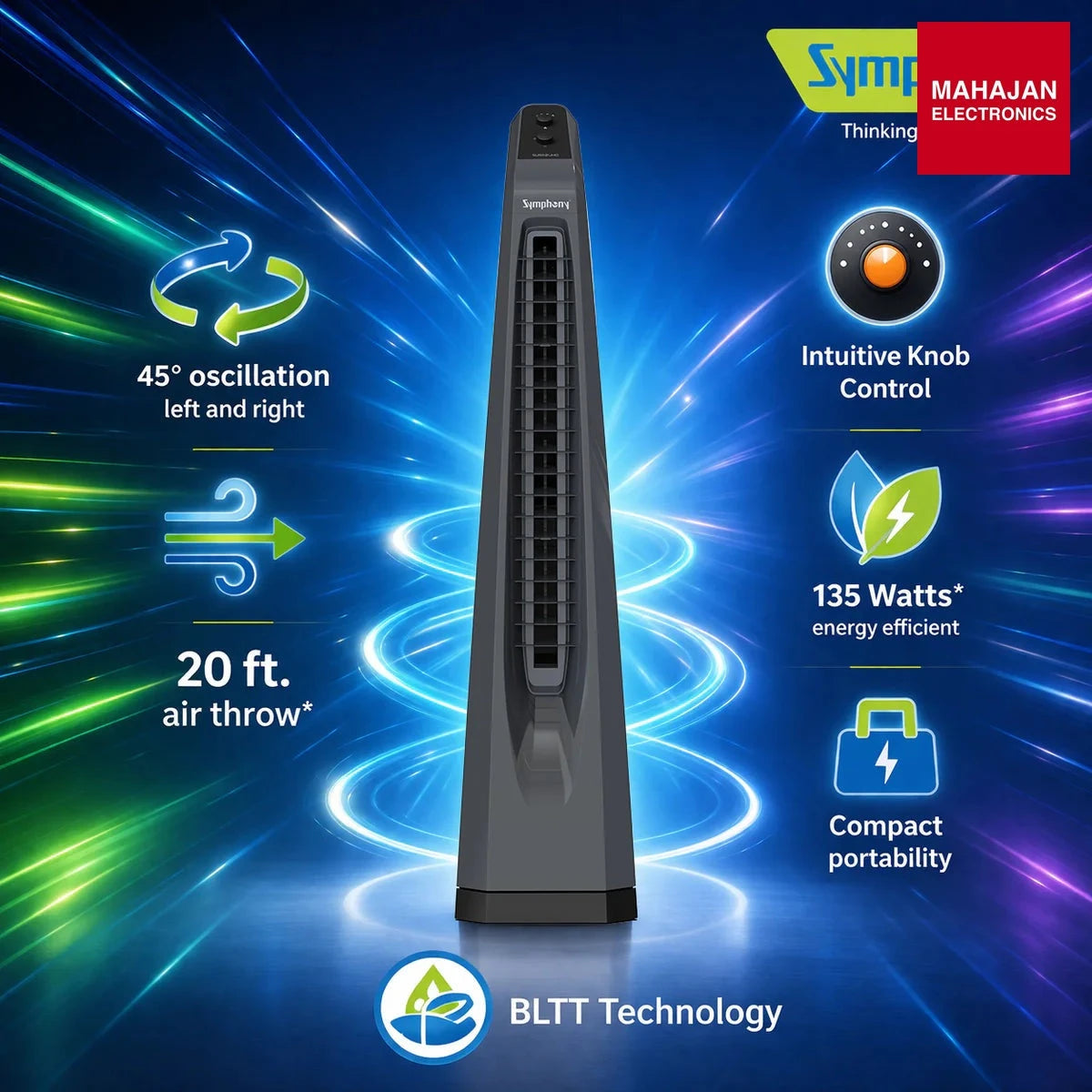 Symphony Surround Sr AFNTF023 Bladeless Tower Fan with 90 Degree Swivel, Knob Control & Removable Dust Filter (Grey) โ Mahajan Electronics Online.