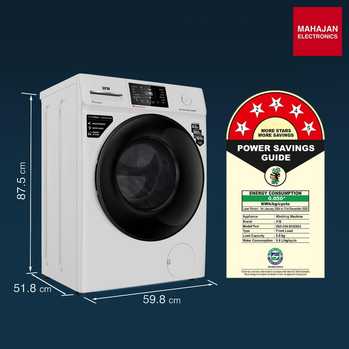 IFB DIVA GXN 6010 CMS 6 Kg 5 Star, DeepClean® Technology, AI Powered, Fully Automatic Front Load Washing Machine ( PowerSteam®, 9 Swirl, Steam Refresh, Inbuilt Heater, Eco Inverter, Grey) – Mahajan Electronics Online.