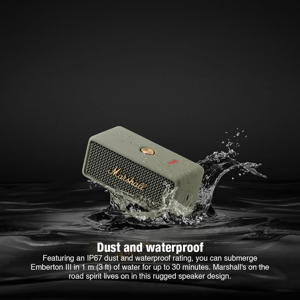 Marshall Emberton III Compact Portable Bluetooth Speaker with 32+ Hours of Playtime, (360° Sound), Dust & Waterproof (IP67) – Sage. Marshall