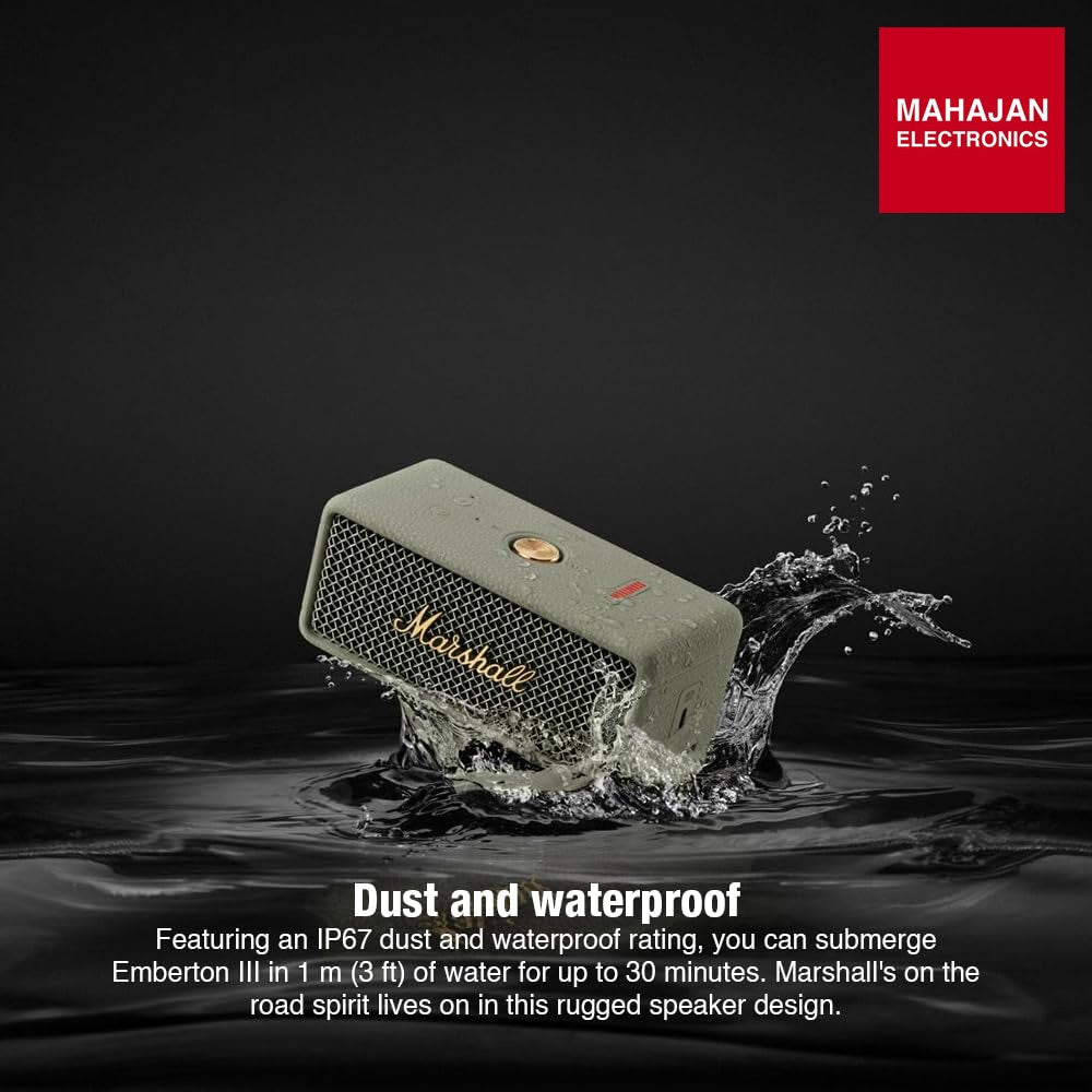 Marshall Emberton III Compact Portable Bluetooth Speaker with 32+ Hours of Playtime, (360ยฐ Sound), Dust & Waterproof (IP67) โ Sage โ Mahajan Electronics Online.