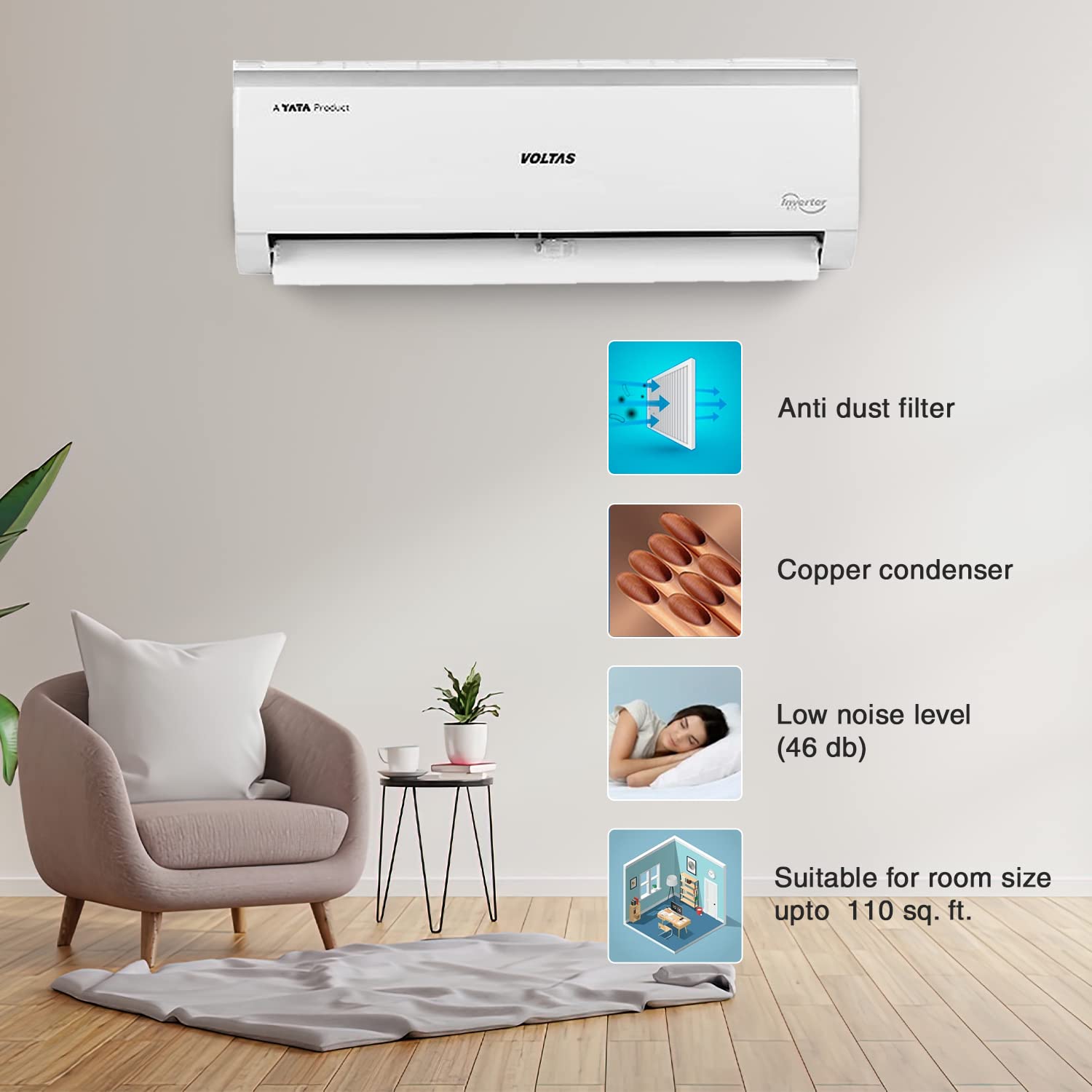 Voltas 1 Ton 5 Star, Inverter Split AC(Copper, 4-in-1 Adjustable Mode, Anti-dust Filter, 125V Vectra Elite, White) - Mahajan Electronics Online