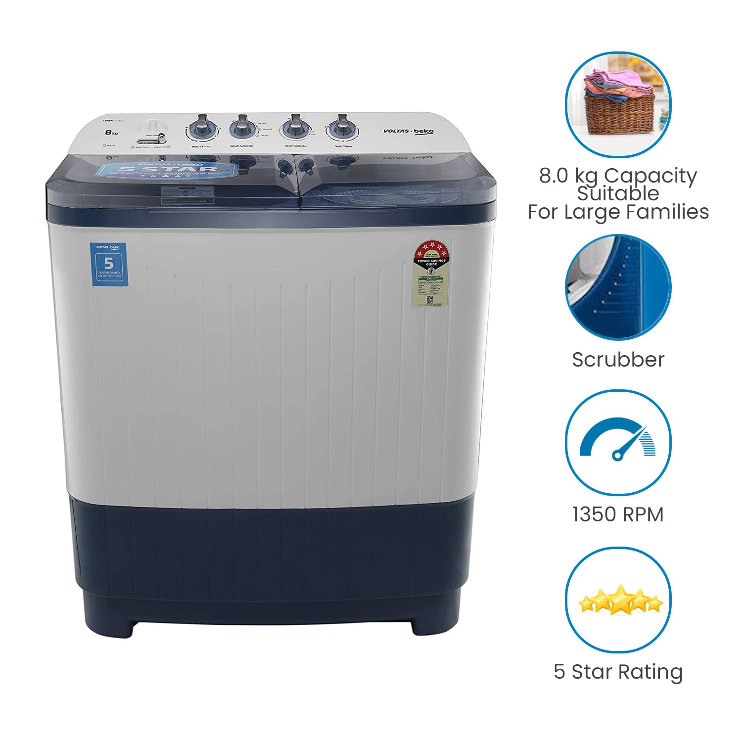 Voltas Beko WTT80DBLT 8 Kg Semi-Automatic Top Load Washing Machine | Double Waterfall | Soft Close Lid | Dual Cassette Filter | 1300 RPM Fast Dry | Sky Blue | Mahajan Electronics Voltas Beko