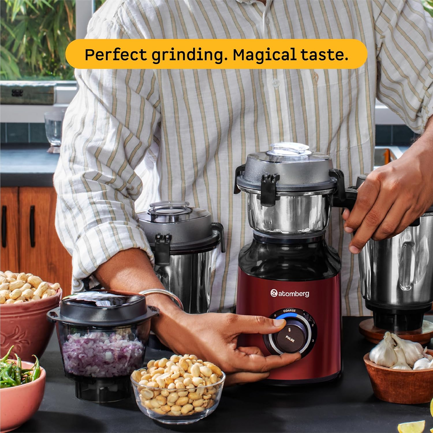 Atomberg Zenova Mixer Grinder | Unique Coarse Mode for Silbatta-like Texture | Intelligent BLDC Motor | Safety Features | 4 Jars including Chopper | Hands-Free Operation | Red Wine Mahajan Electronics Online