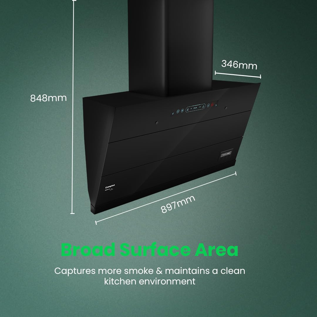 Crompton CHD-AQI90FLE-IND, Black AQNova BLDC 1800m3/hr 90cm Slant Chimney|AirIQ technology|Adaptive suction| Intelligent Autoclean|Touch+Motion Sensor|15Yrs Motor & 4Yrs Overall Warranty Mahajan Electronics Online
