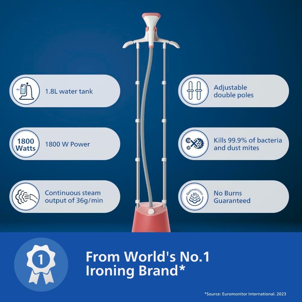PHILIPS Standing Garment Steamer STE1020/40-1800 Watts, 1.8 LTR Water Tank, Refresh Woolens with Upto 36 gm Steam Output, Adjustable Double Pole- No Burns Guaranteed from World's No.1 Ironing Brand Mahajan Electronics Online
