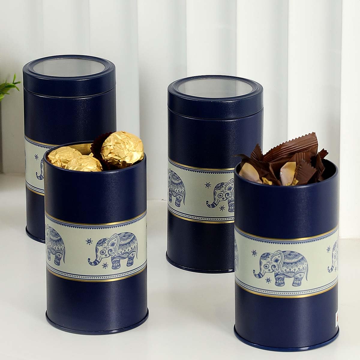 Mandala Collection Airtight Kitchen Container Set - Food Grade Metal Jars for Rusk, Cookies, Candies & More - Stylish Jars -Medium 850ML Canisters - Set of 4 - Blue Elephants Mahajan Electronics Online