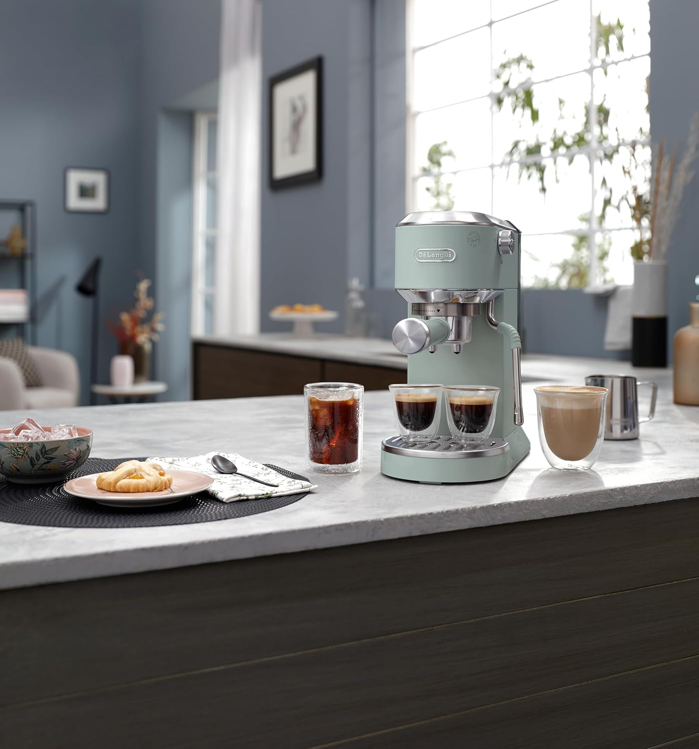 De’Longhi Dedica Duo EC890.GR Barista Coffee Machine with Pump, Espresso and Cold Brew, Manual Coffee Machine with Latte Art Steam Wand, 15 cm Wide, 2 Espressos, Touchscreen, Cups up to 13 cm (green) Mahajan Electronics Online