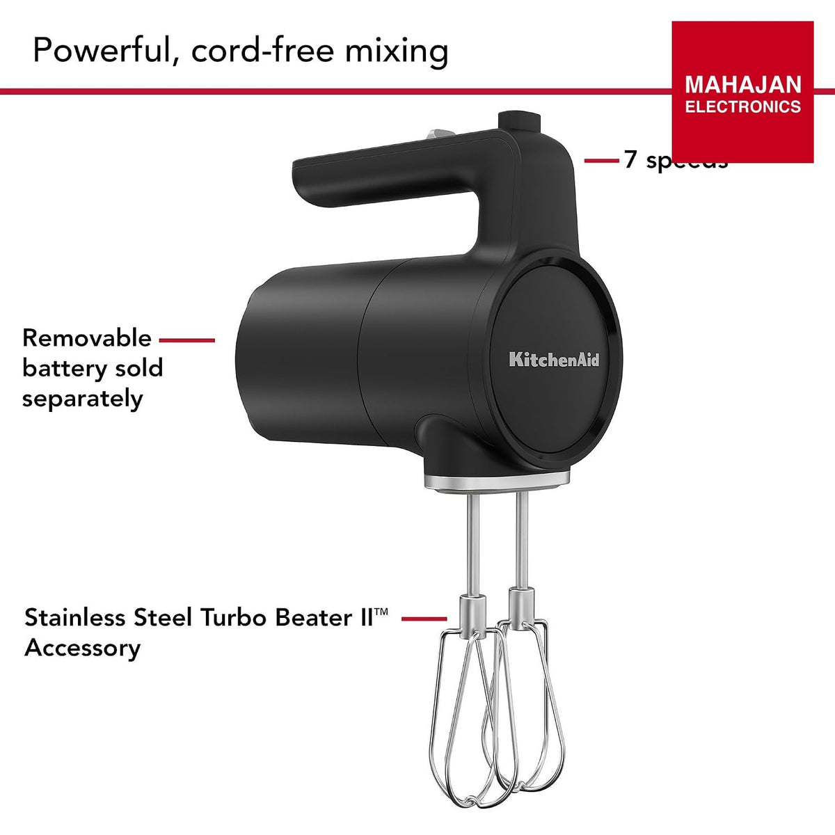 KitchenAid Go Cordless 7-Speed Hand Mixer with Stainless Steel Turbo Beater II Accessories, Soft Start, Lightweight Design (Lithium Ion Battery 10.8V – Mahajan Electronics Online.