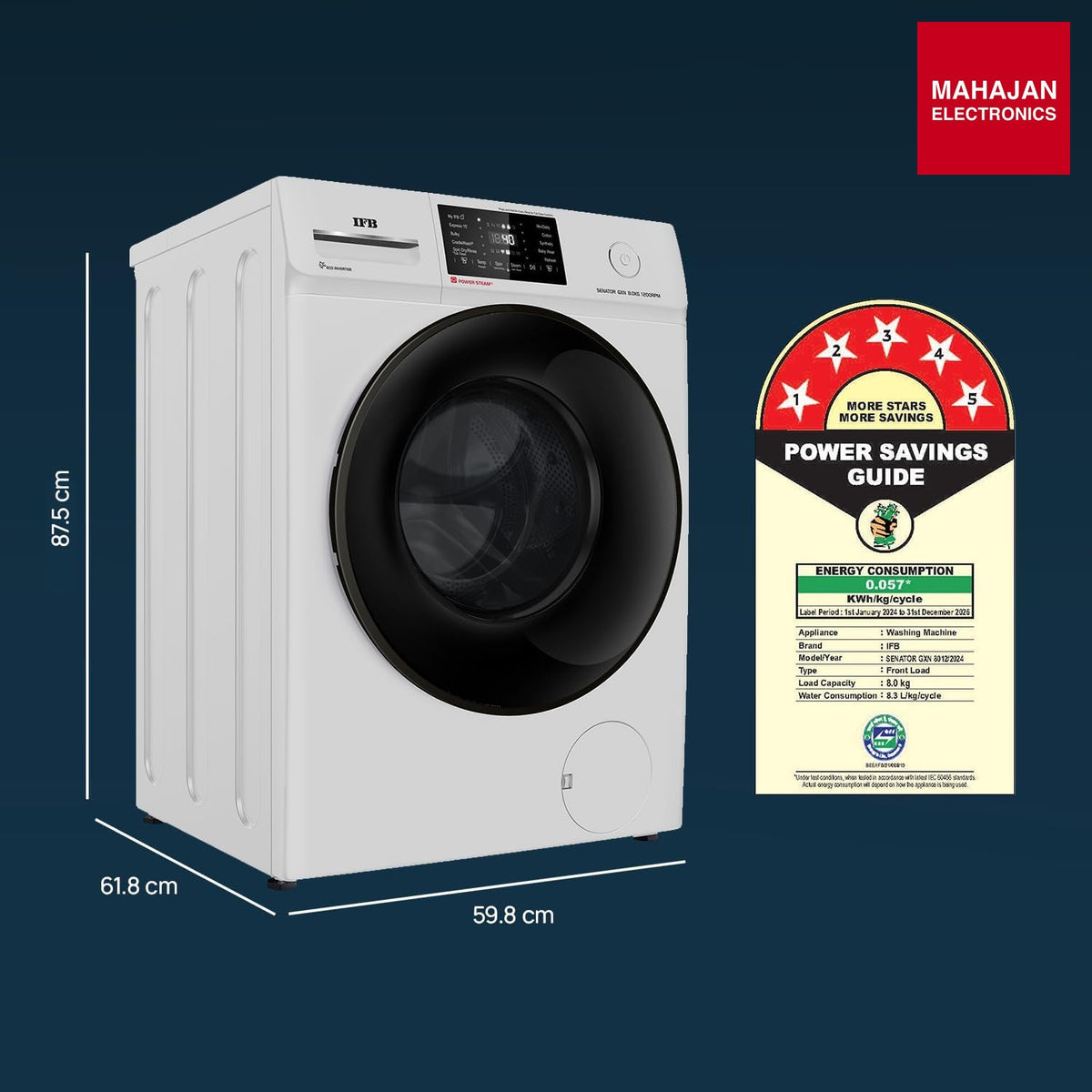 IFB SENATOR GXN 8012 CMS 8 Kg 5 Star, DeepClean® Technology, AI Powered, WiFi, Fully Automatic Front Load Washing Machine ( PowerSteam®, 9 Swirl, Steam Refresh, – Mahajan Electronics Online.