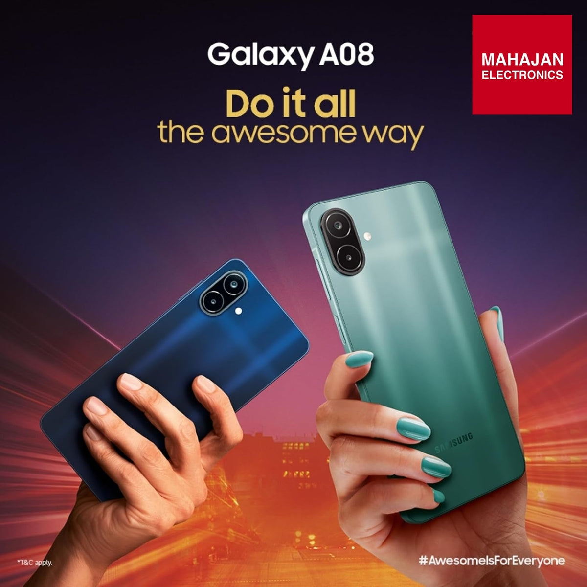 Samsung Galaxy A08 LTE (Dark Blue, 4GB RAM, 64GB Storage), MediaTek Helio G99+ (6nm), 50MP Dual Camera, 6000mAh Battery, IP64 Rating, 6 Gen OS Upgrades – Mahajan Electronics Online.