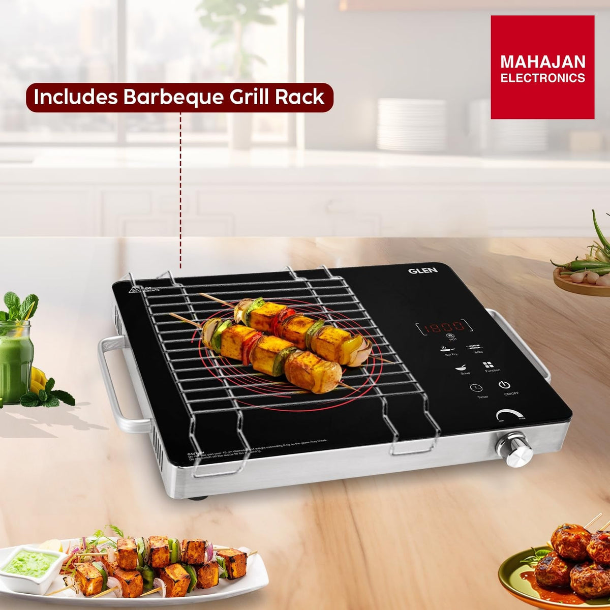 Glen SA 3072 IR 2200W Infrared Cooktop with Steel Grill Rack, Touch Control, Polished Crystal Glass Plate, Digital Display, 4 Preset & Timer, 4.5kV Surge Protection – Mahajan Electronics Online.